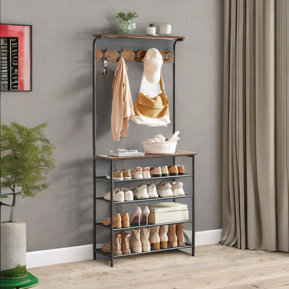 Industrial Rustic Hallway Tree Coat Stand With 5 Tier Shoe Rack