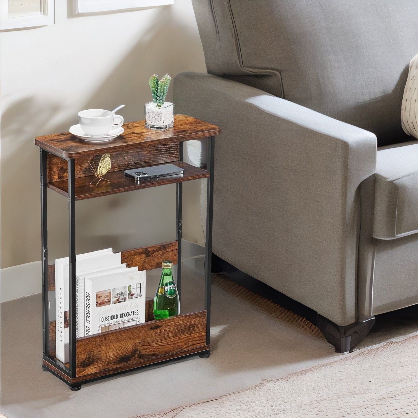 industrial rustic 3 tier side table with magazine rack