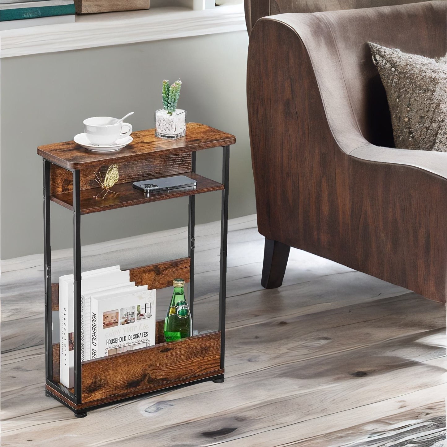 industrial rustic 3 tier side table with magazine rack