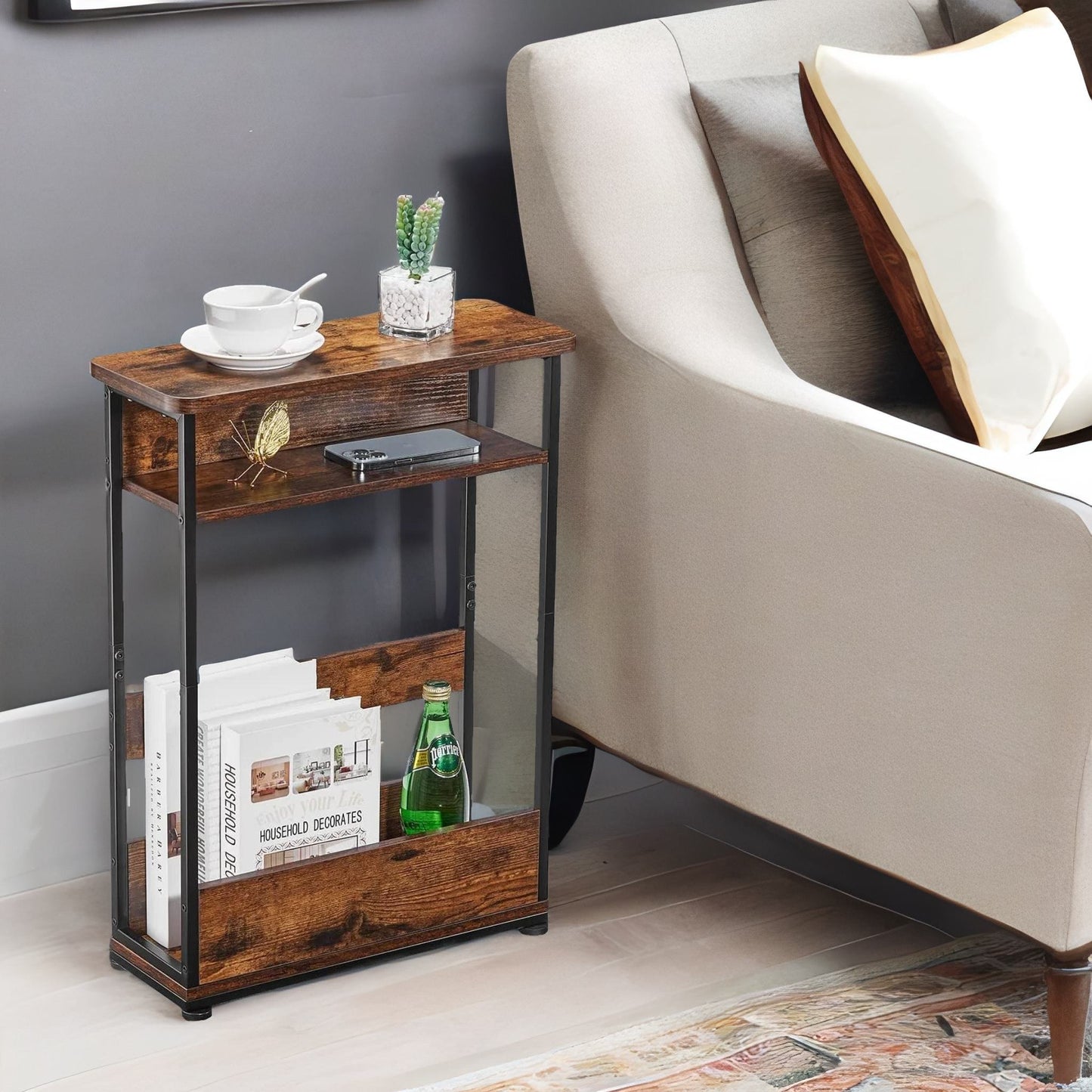 industrial rustic 3 tier side table with magazine rack