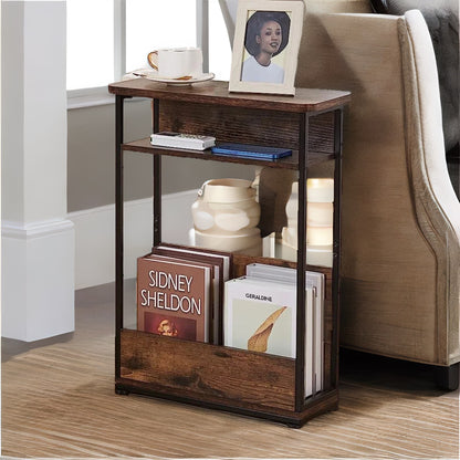 Industrial Rustic 3 Tier Side Table With Magazine Rack