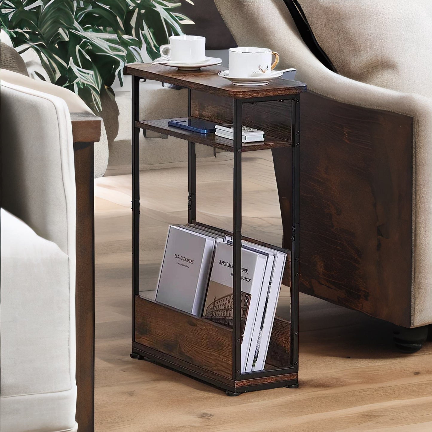 industrial rustic 3 tier side table with magazine rack