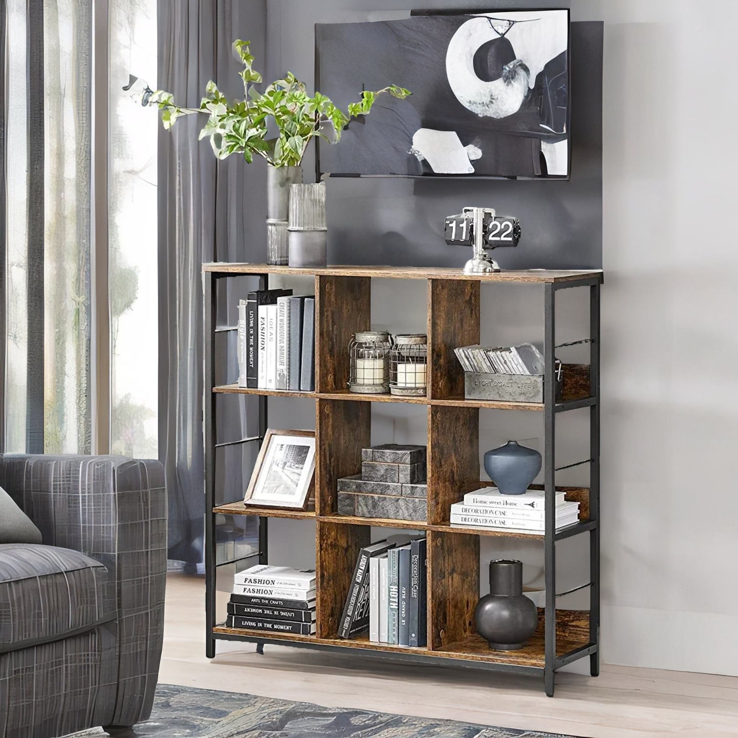 3 tier cube storage shelf with 9 compartments industrial rustic