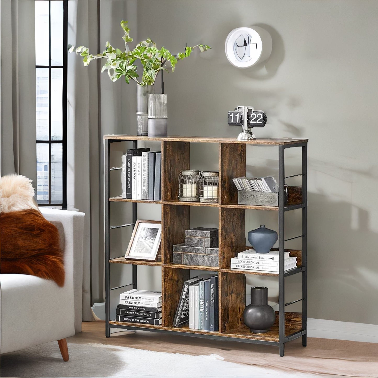 3 tier cube storage shelf with 9 compartments industrial rustic