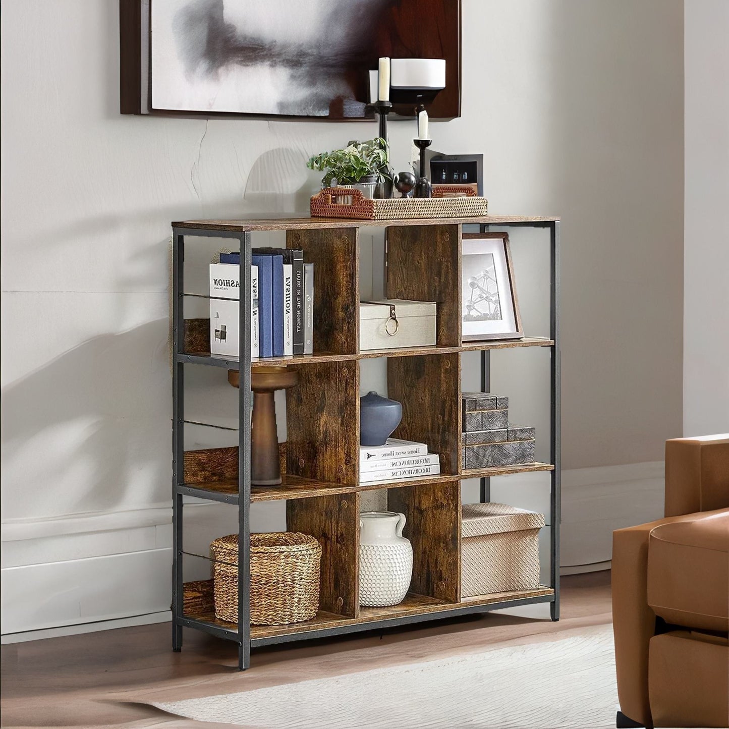 3 tier cube storage shelf with 9 compartments industrial rustic