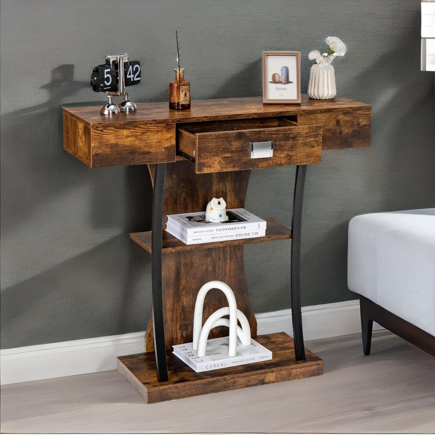 industrial t shaped narrow console table with drawer