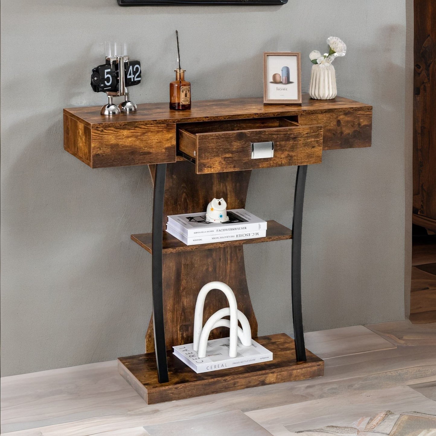 industrial t shaped narrow console table with drawer