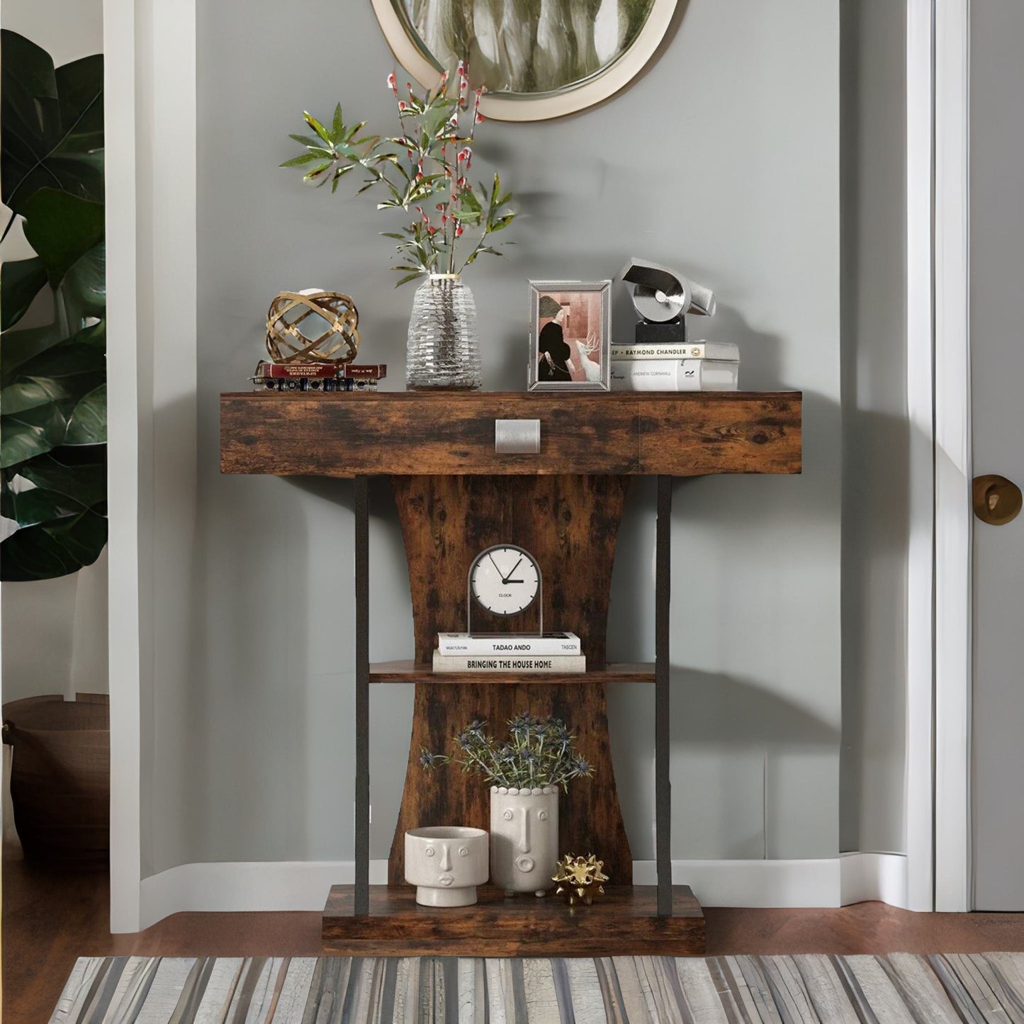 industrial t shaped narrow console table with drawer