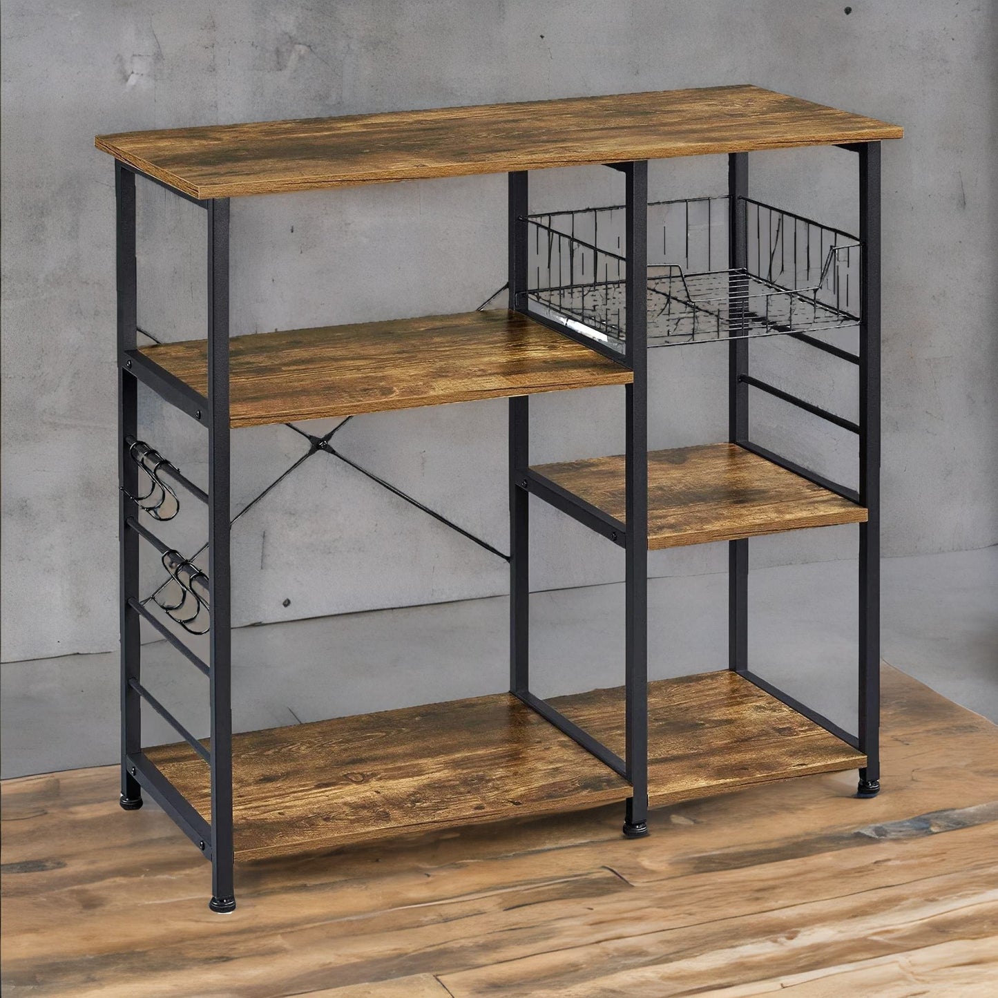 industrial kitchen baker's rack with storage shelves & hooks