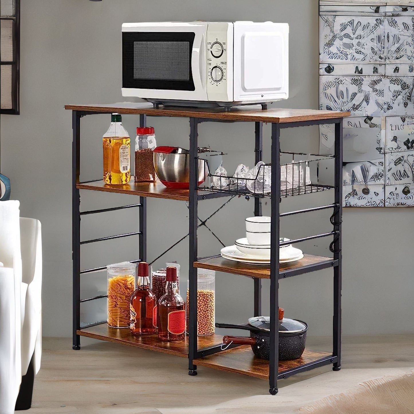 industrial kitchen baker's rack with storage shelves & hooks