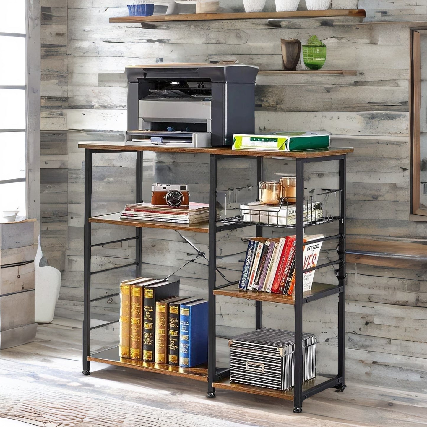 industrial kitchen baker's rack with storage shelves & hooks