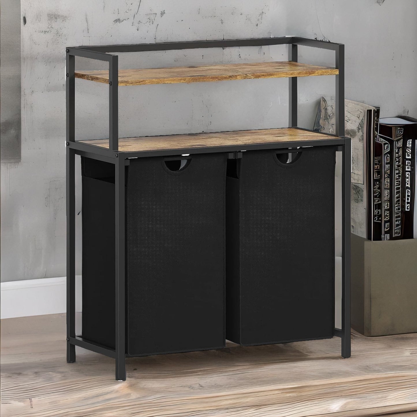 industrial double laundry basket with 2 shelves