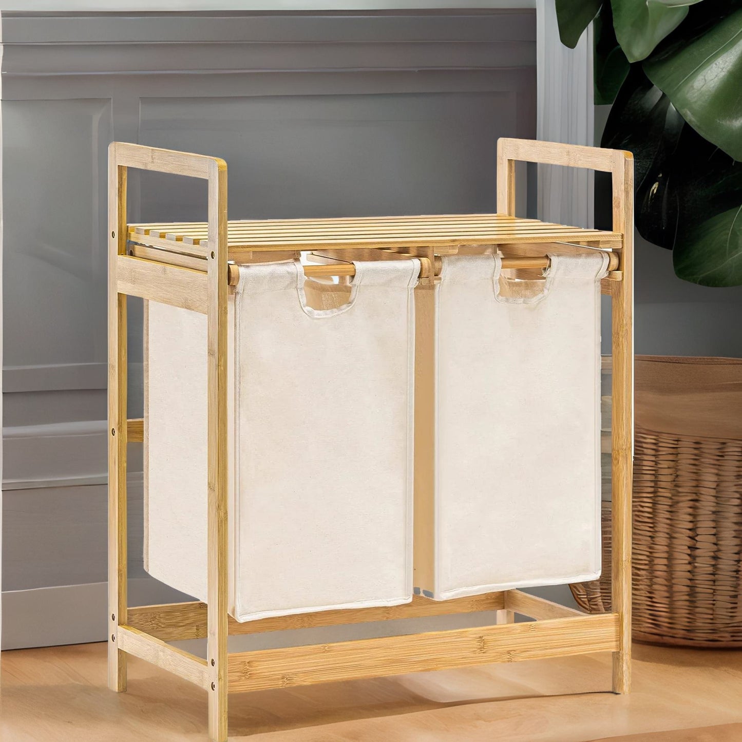 cream pull out double laundry basket with shelf