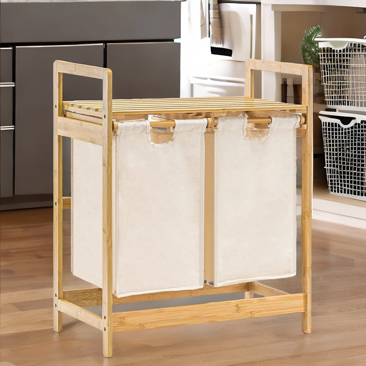 cream pull out double laundry basket with shelf