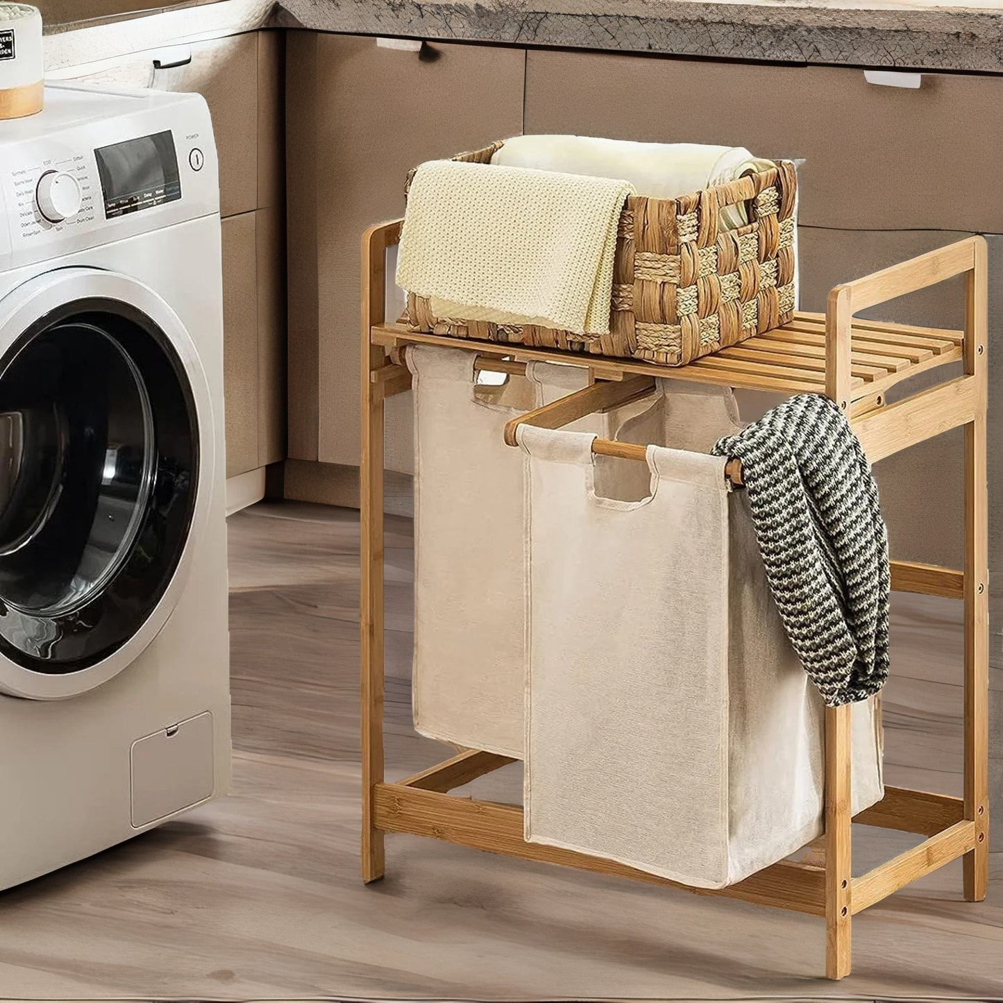 cream pull out double laundry basket with shelf