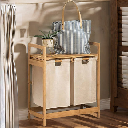 Cream Pull Out Double Laundry Basket With Shelf