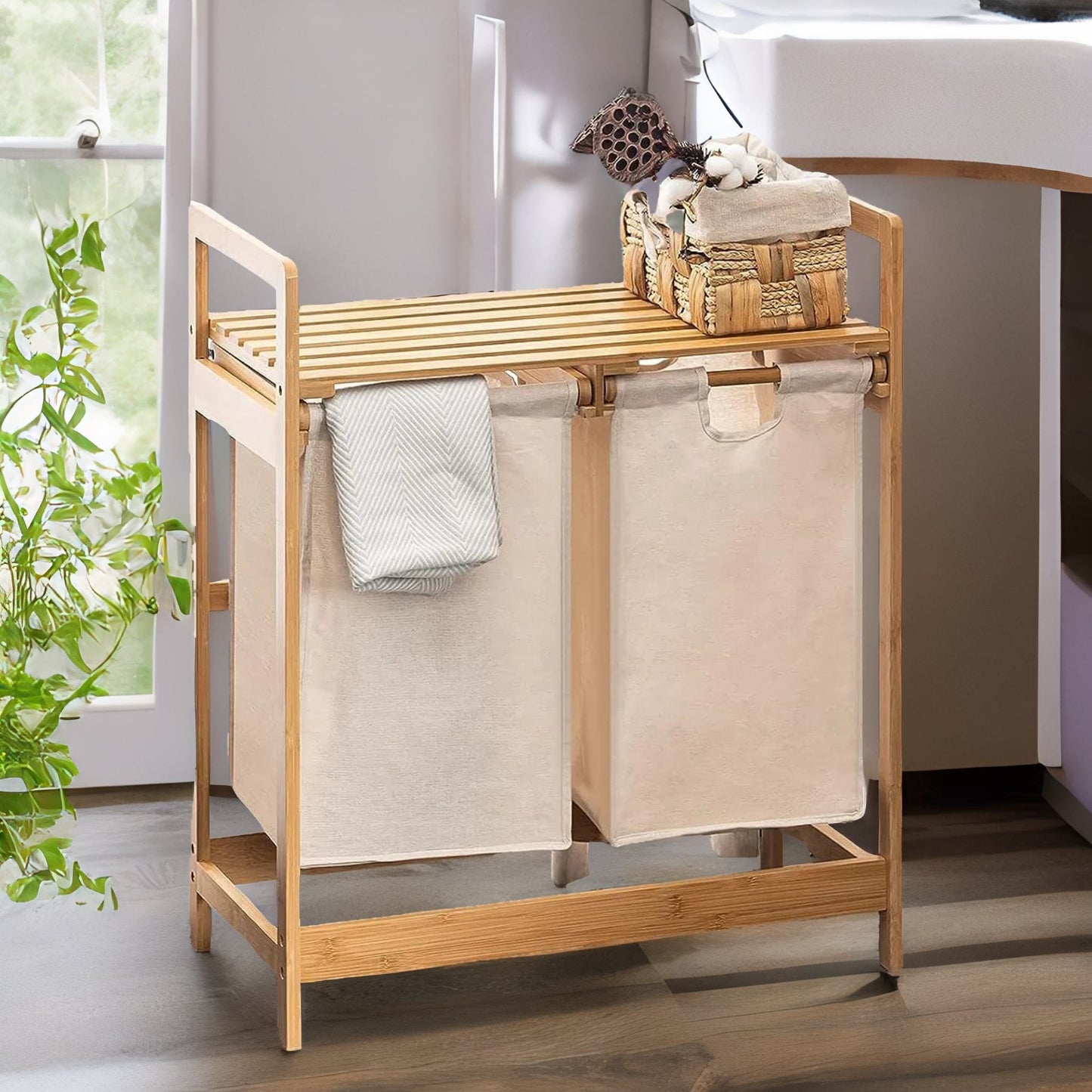 cream pull out double laundry basket with shelf