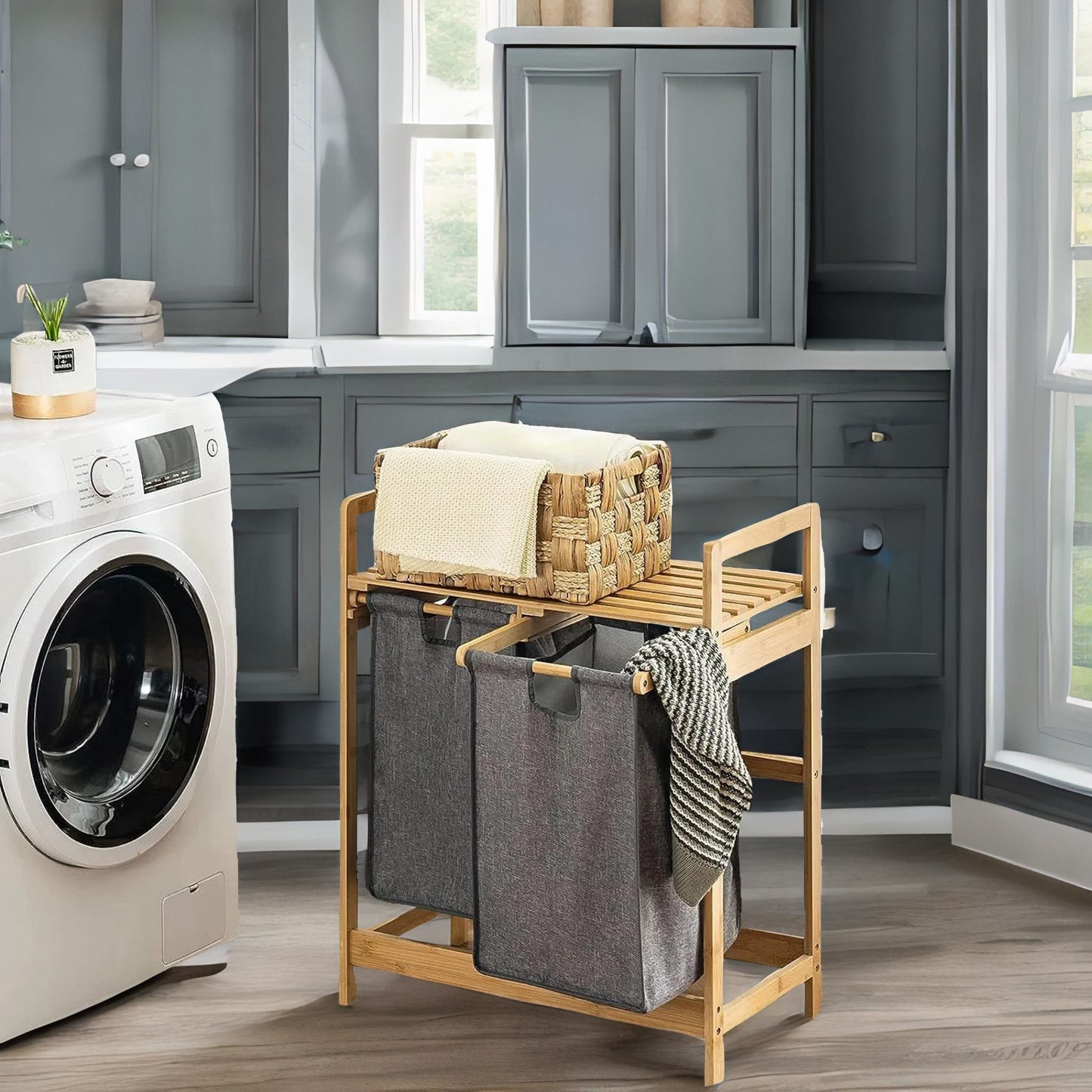 bamboo grey pull out double laundry basket with shelf