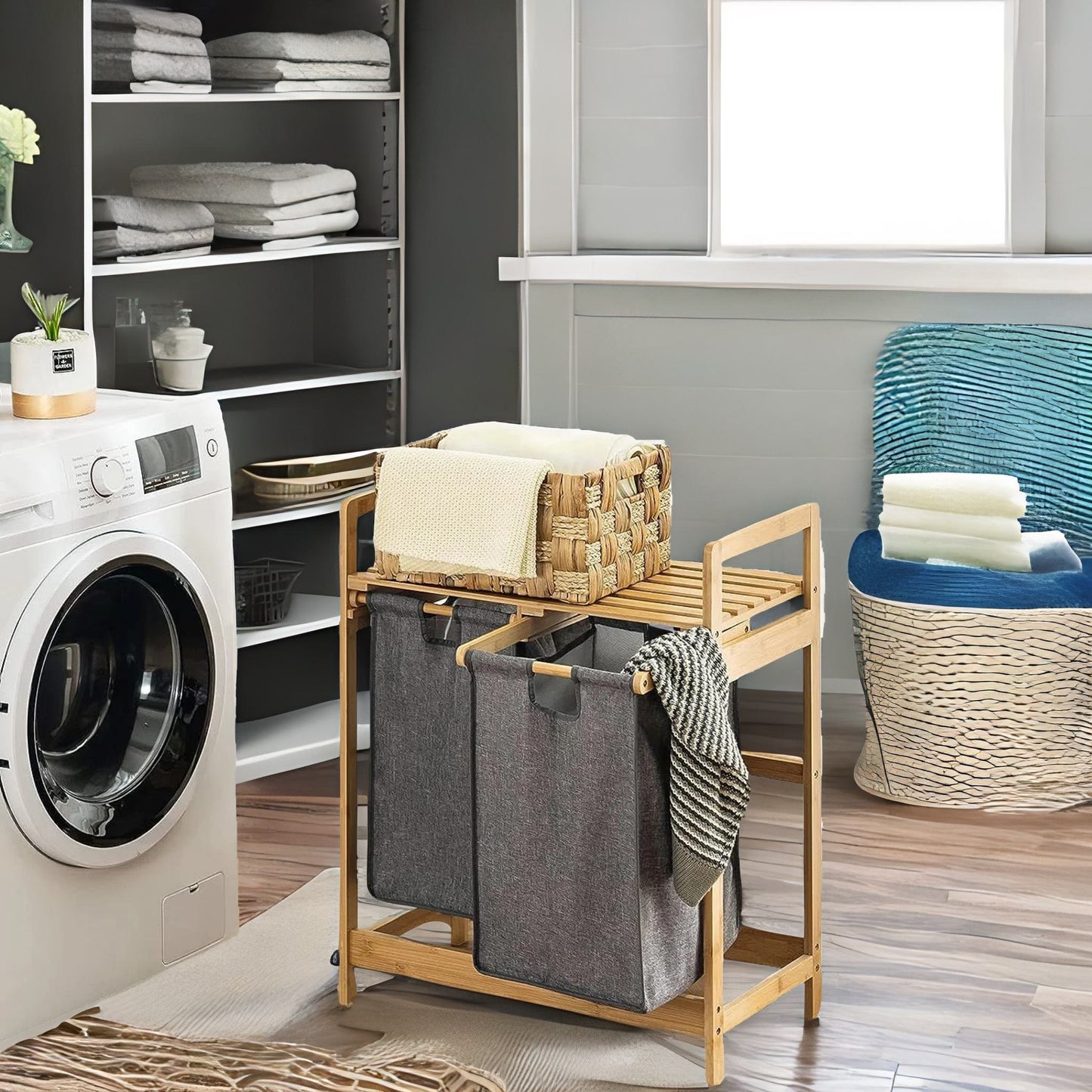 bamboo grey pull out double laundry basket with shelf