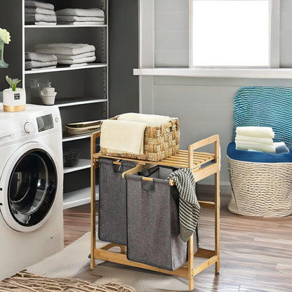 Bamboo Grey Pull Out Double Laundry Basket With Shelf