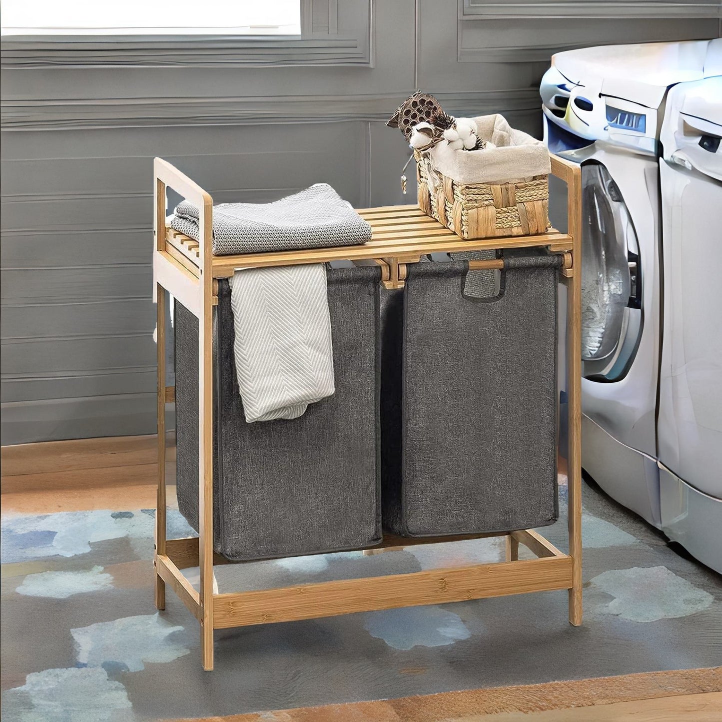 bamboo grey pull out double laundry basket with shelf