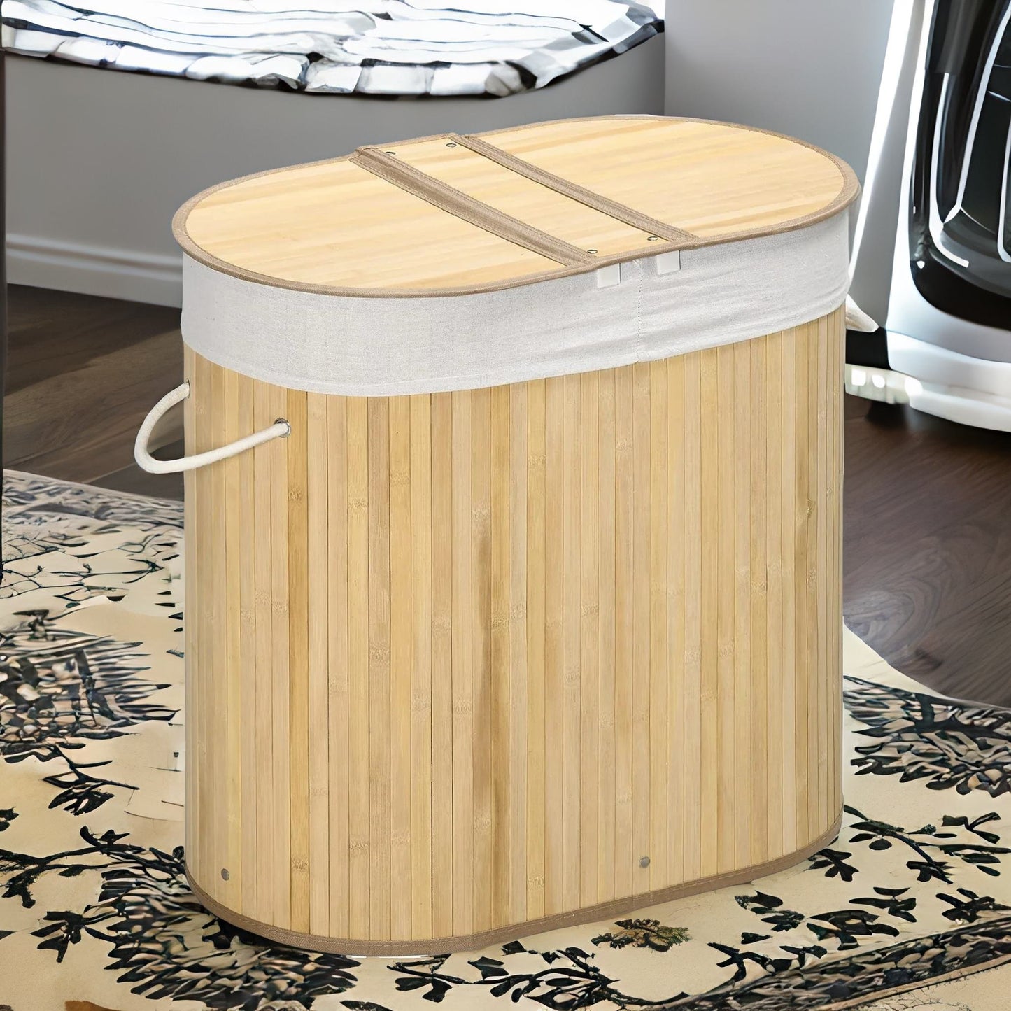 bamboo double laundry basket with lid & removable lining