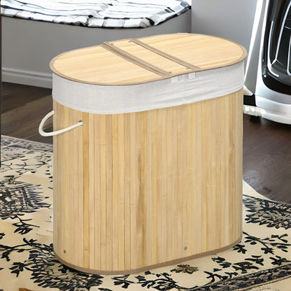 Bamboo Double Laundry Basket With Lid & Removable Lining