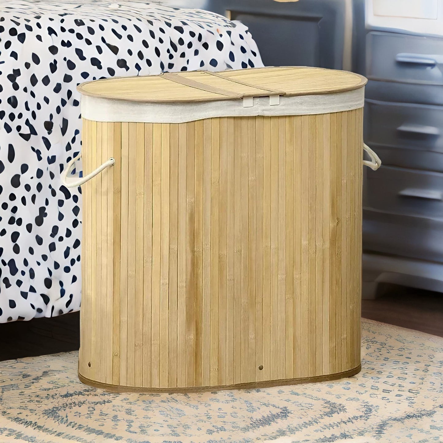 bamboo double laundry basket with lid & removable lining