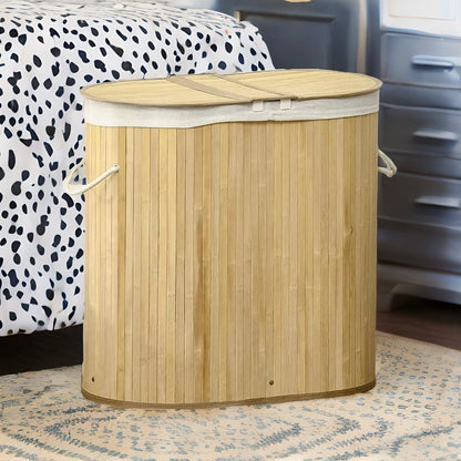 Bamboo Double Laundry Basket With Lid & Removable Lining