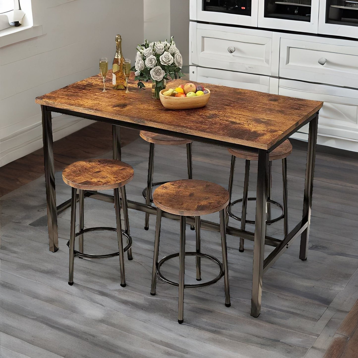 industrial dining table and 4 stools rustic brown