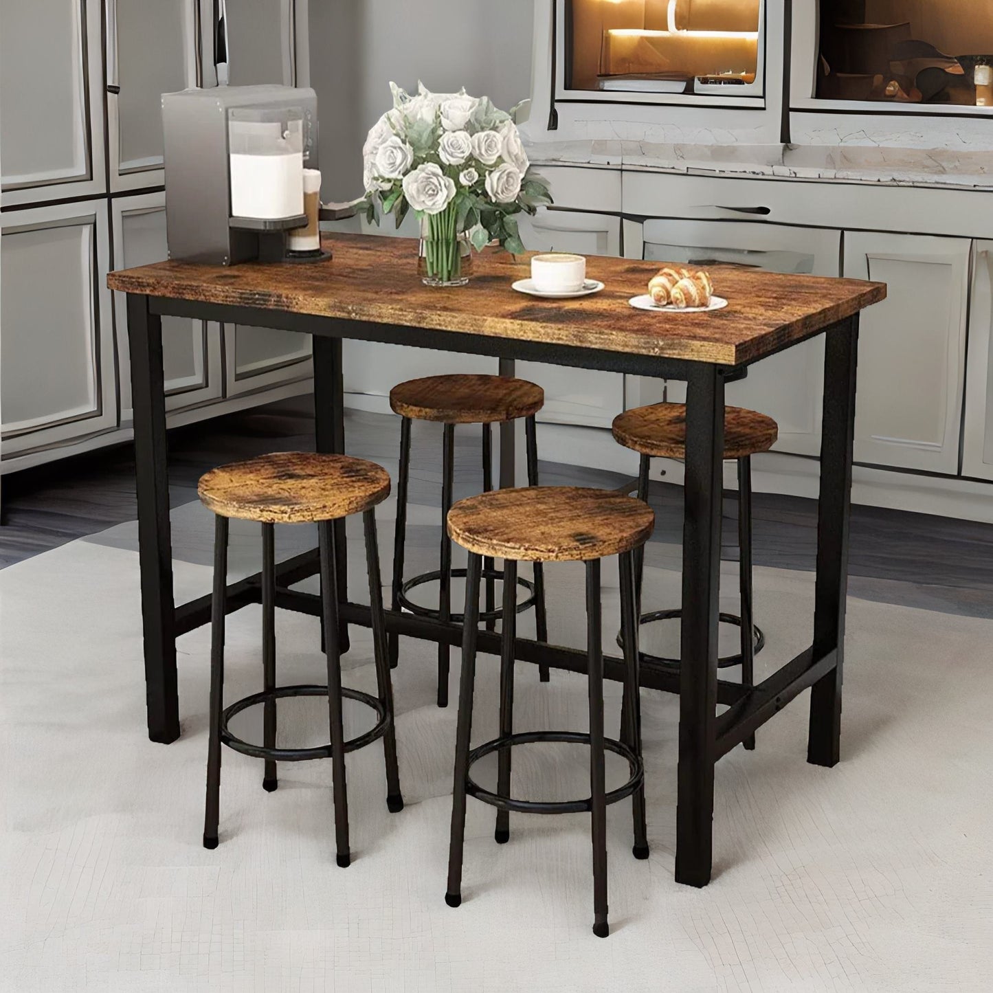 industrial dining table and 4 stools rustic brown