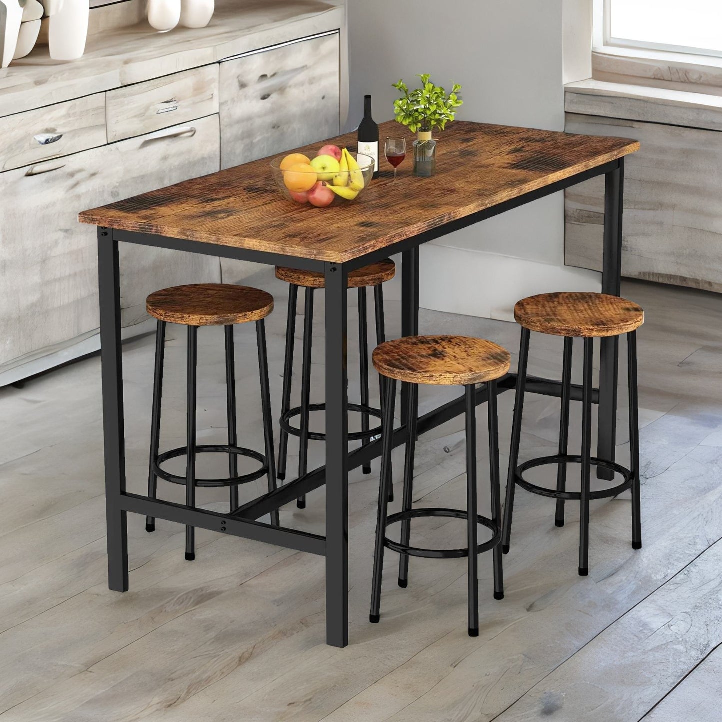 industrial dining table and 4 stools rustic brown