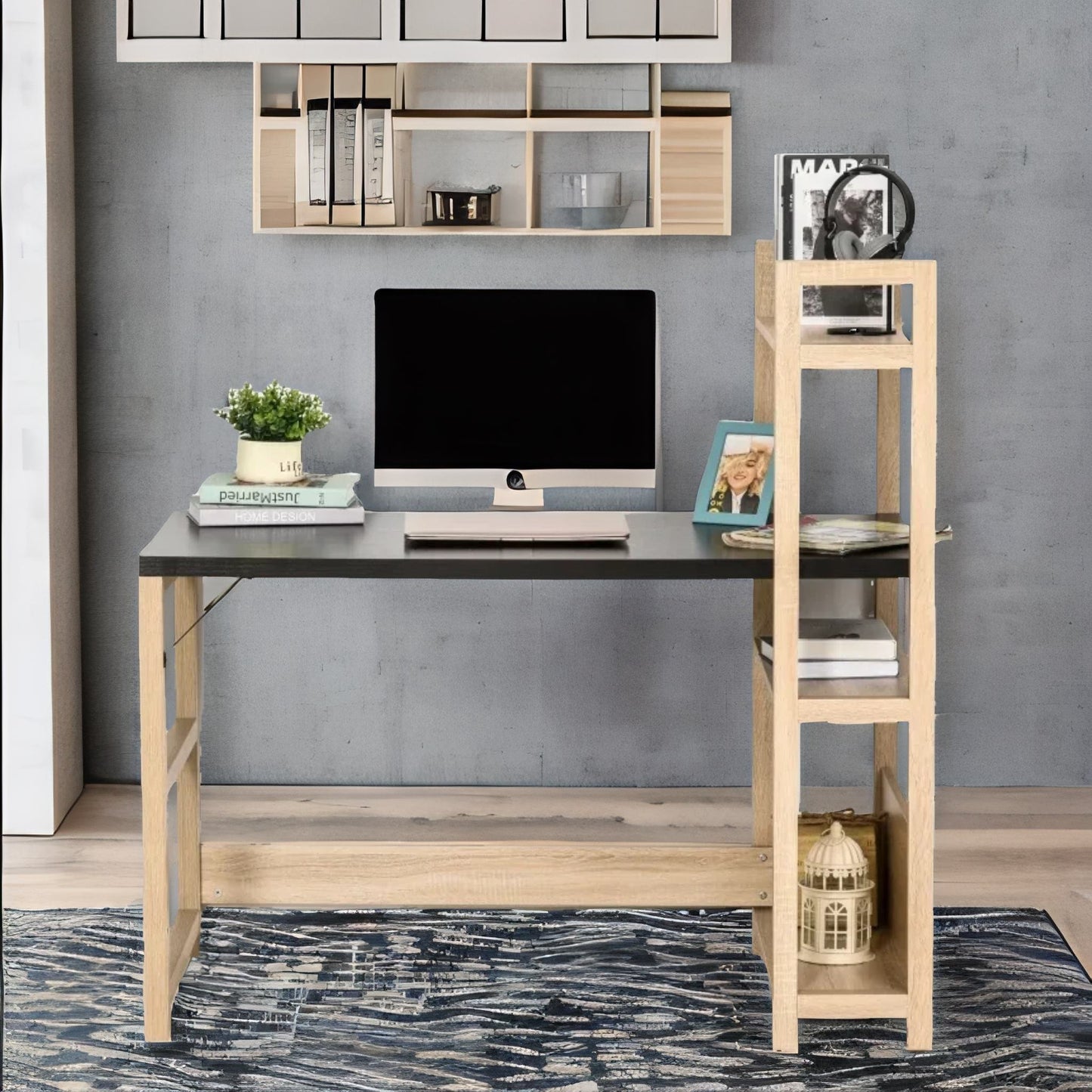 120cm computer desk with 3 shelves natural brown