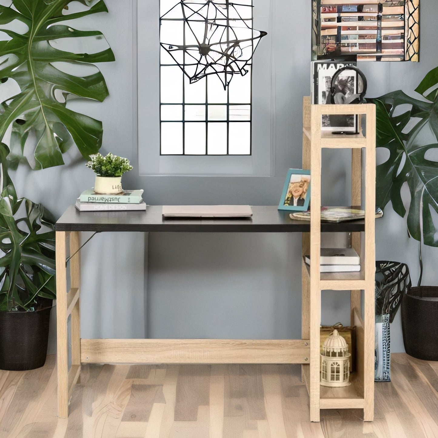 120cm computer desk with 3 shelves natural brown