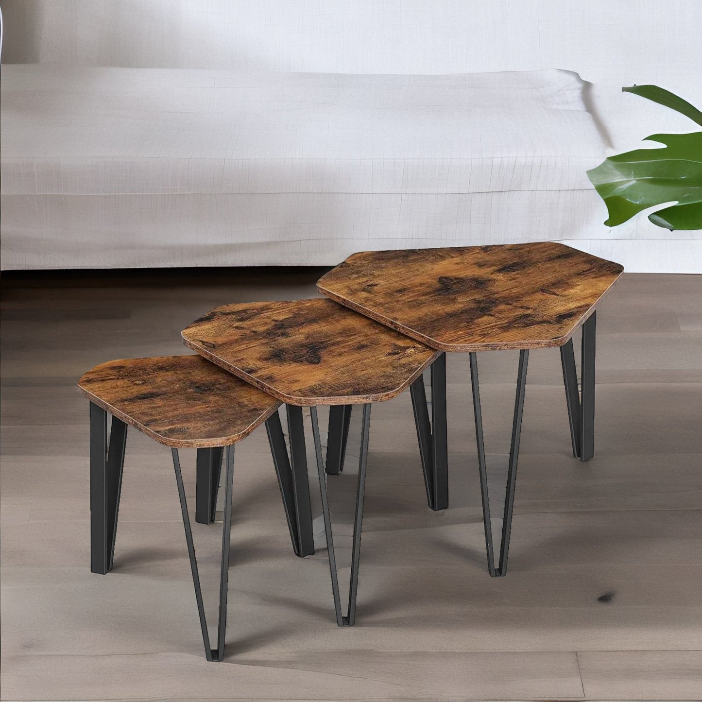 set of 3 industrial nesting tables rustic brown