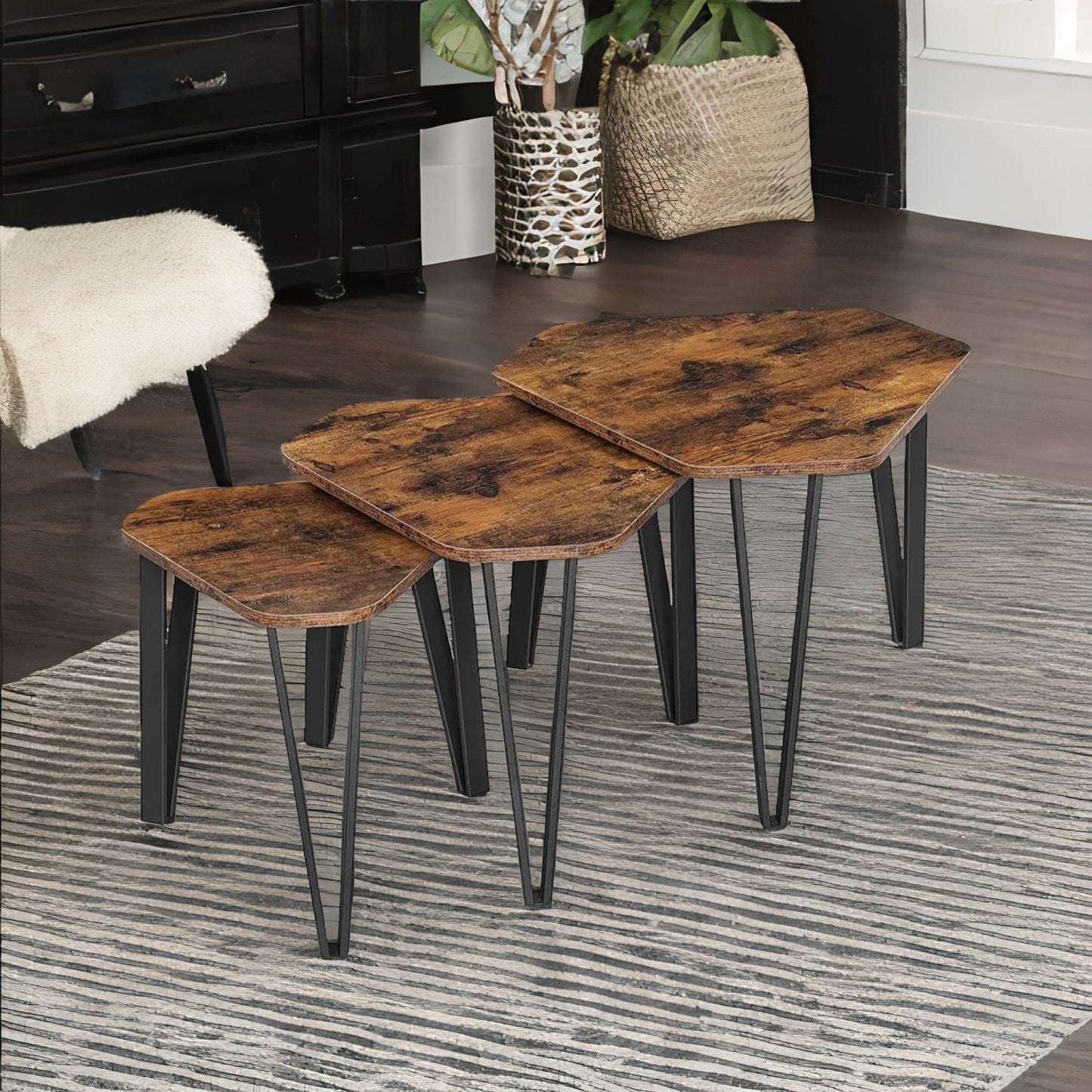 set of 3 industrial nesting tables rustic brown