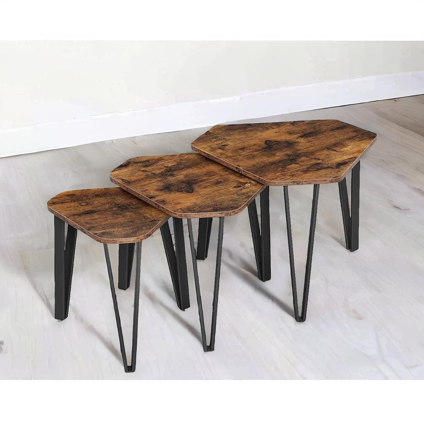 set of 3 industrial nesting tables rustic brown