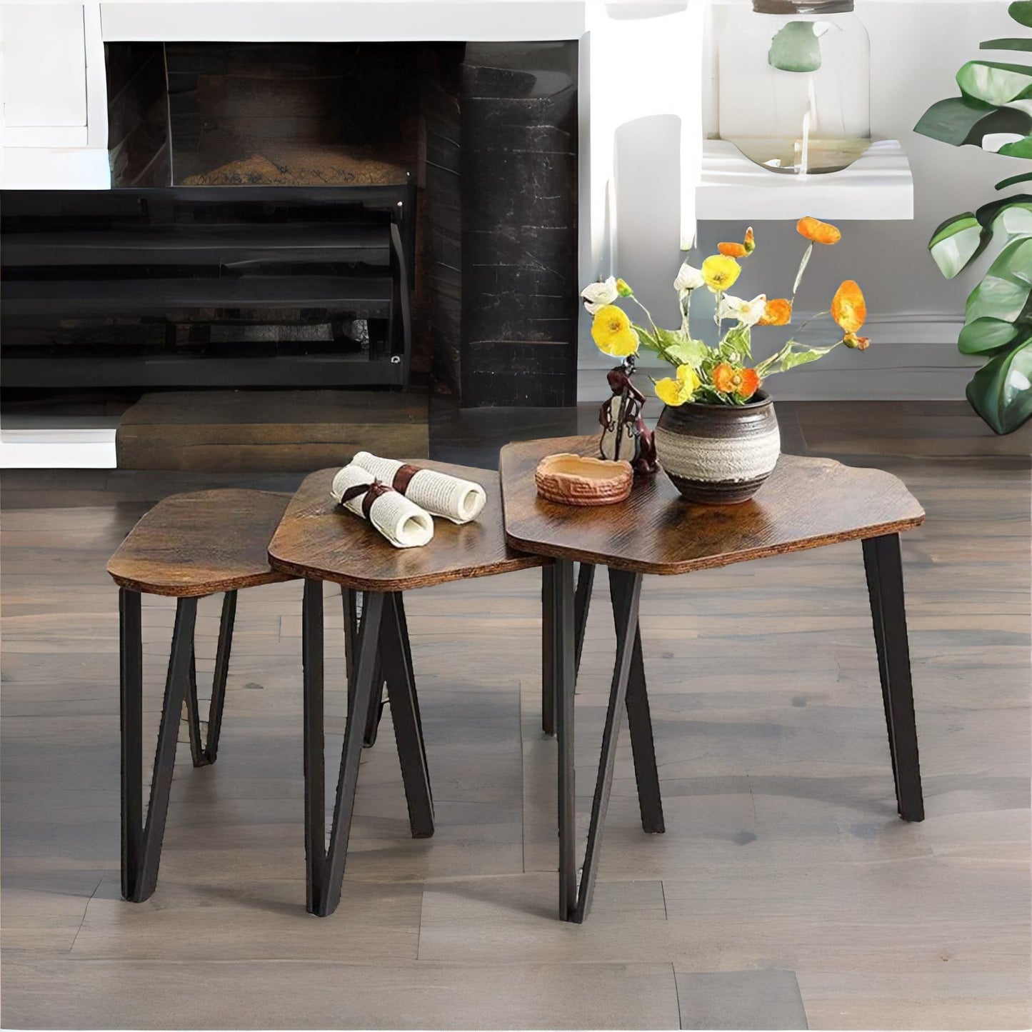 set of 3 industrial nesting tables rustic brown