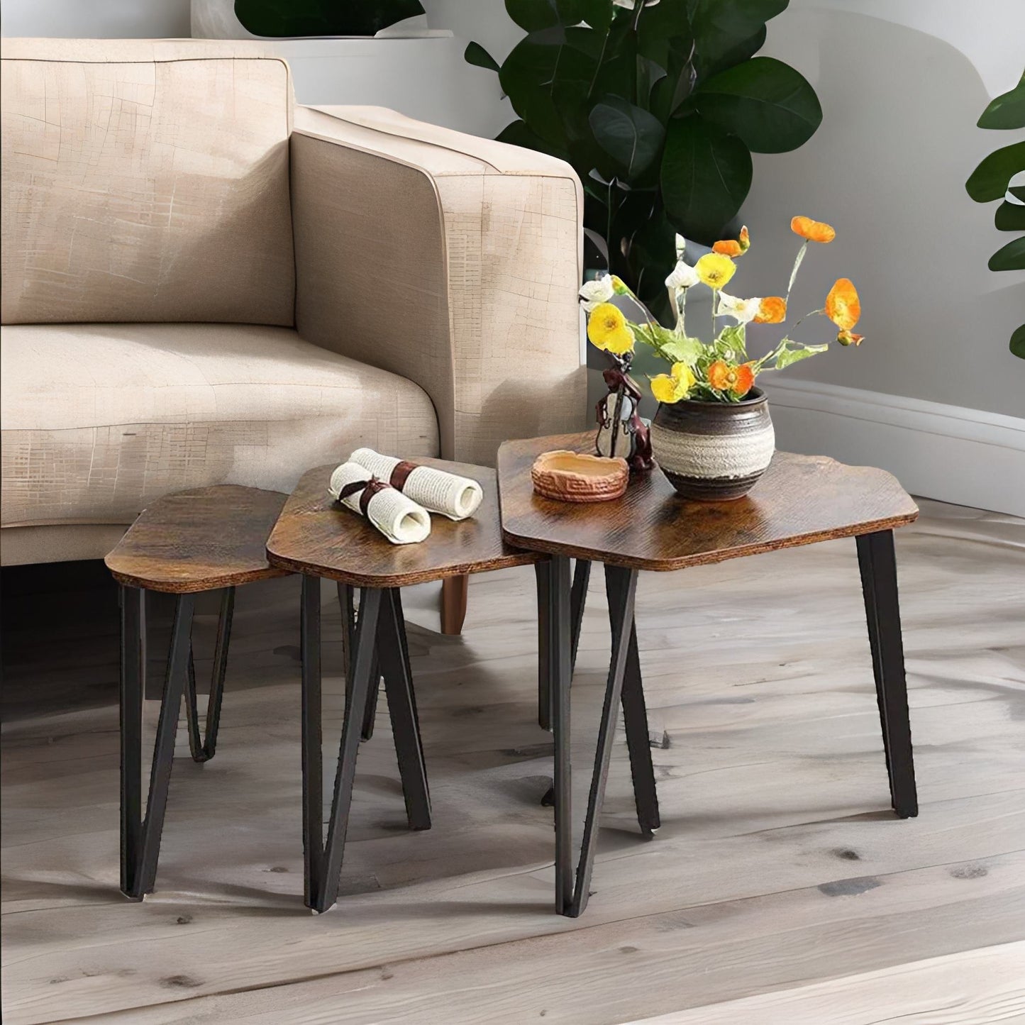 set of 3 industrial nesting tables rustic brown