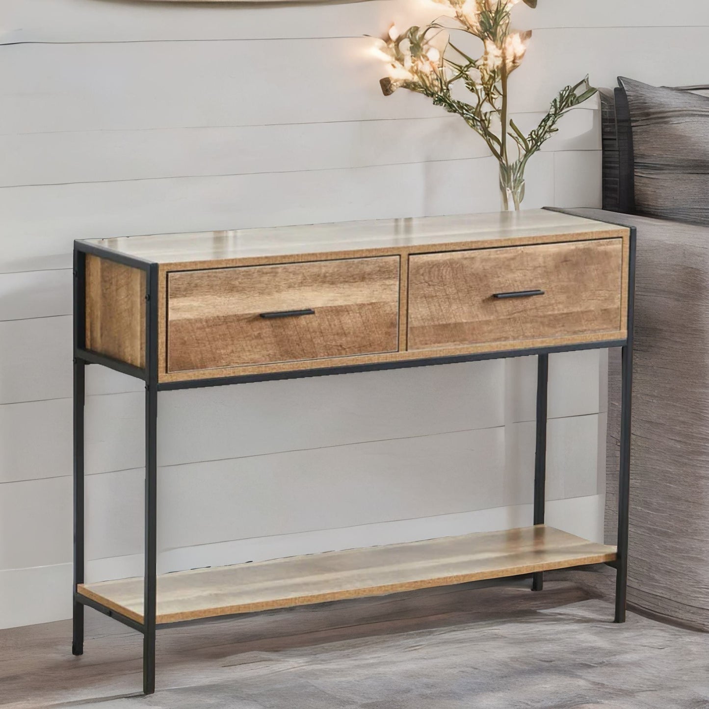 industrial console table with 2 drawers & storage shelf