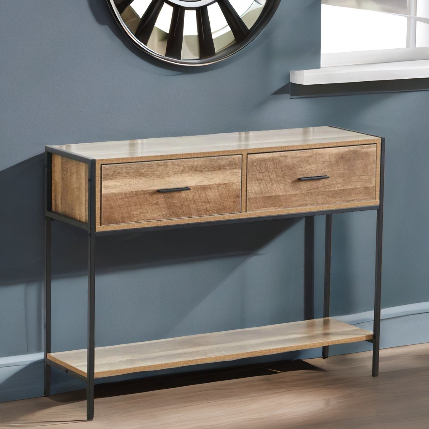 industrial console table with 2 drawers & storage shelf