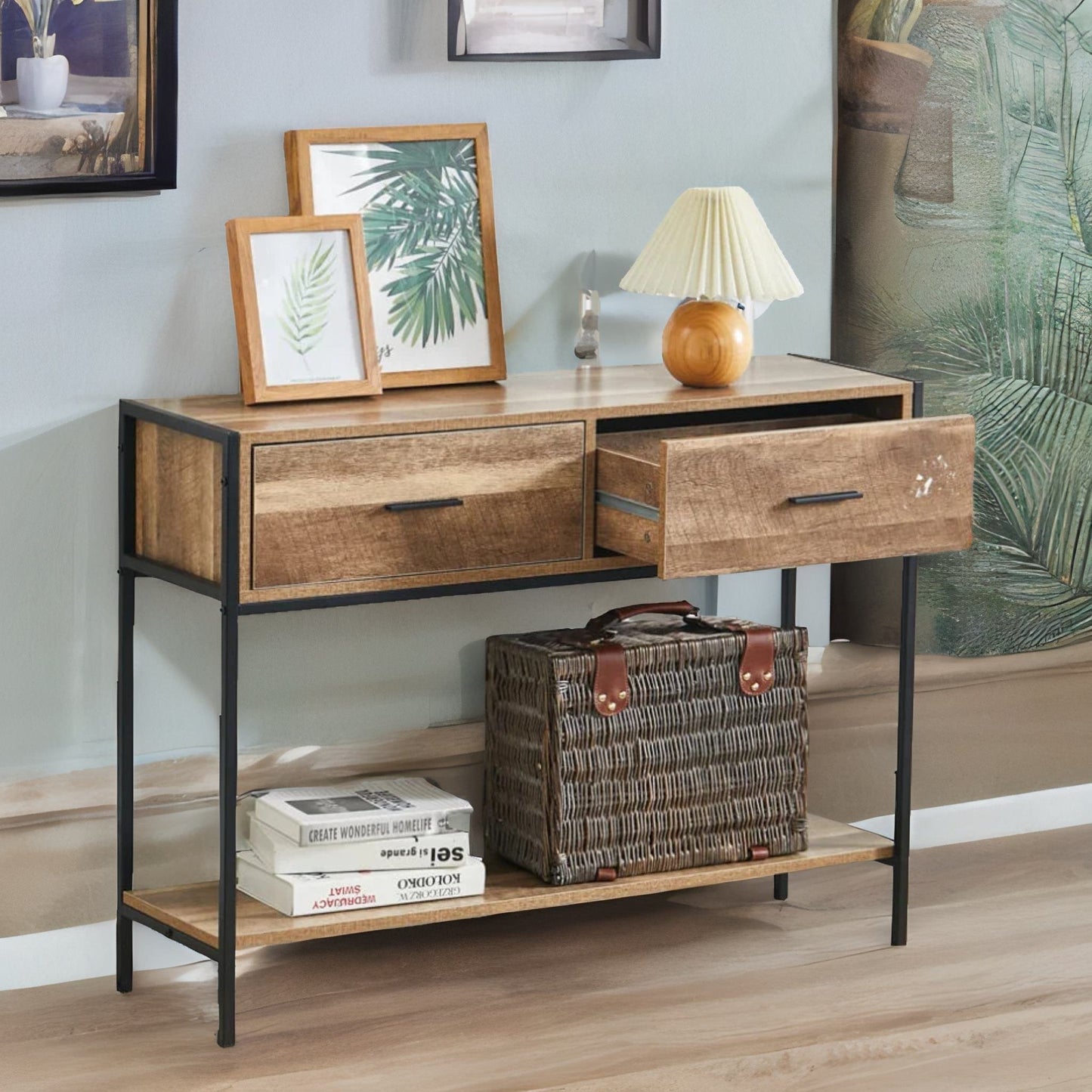 industrial console table with 2 drawers & storage shelf