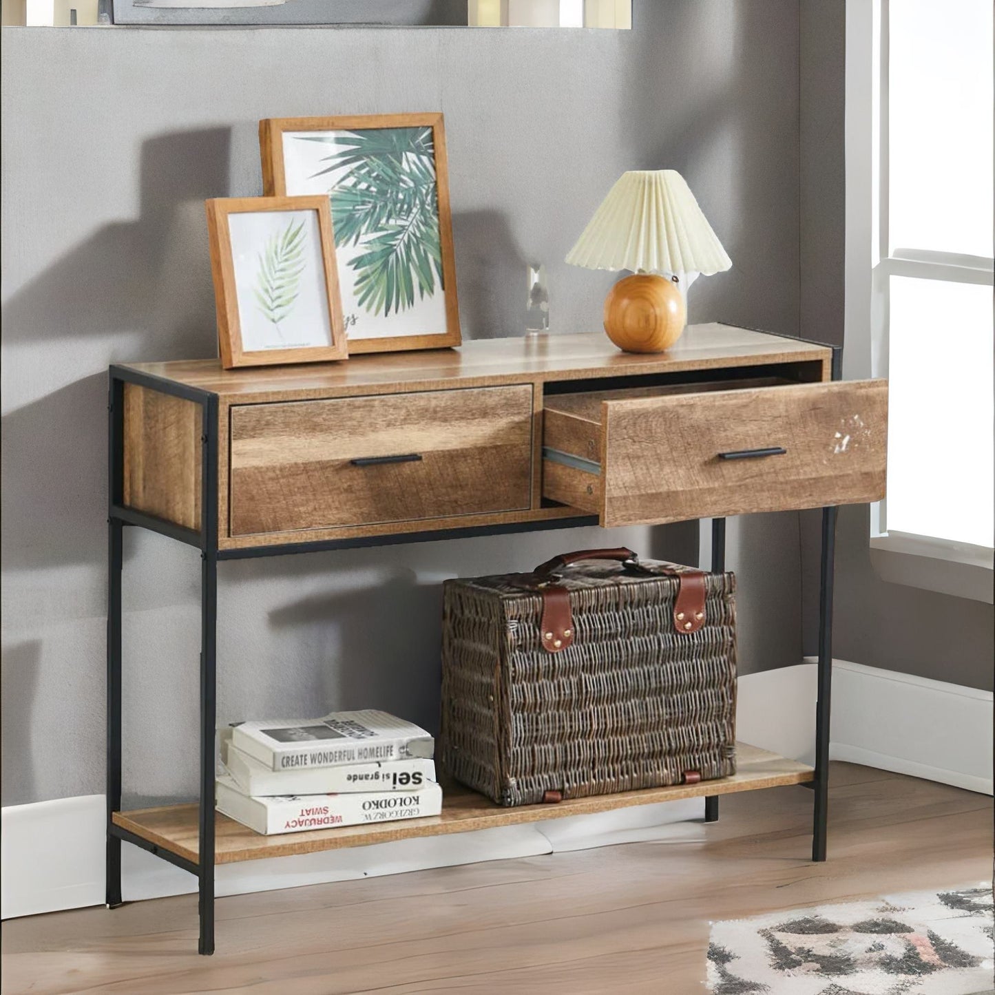 industrial console table with 2 drawers & storage shelf