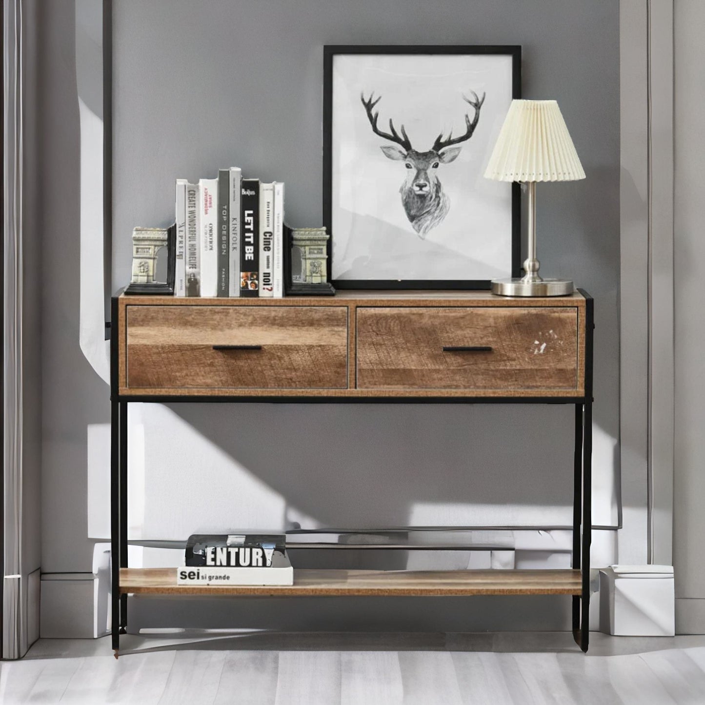 industrial console table with 2 drawers & storage shelf