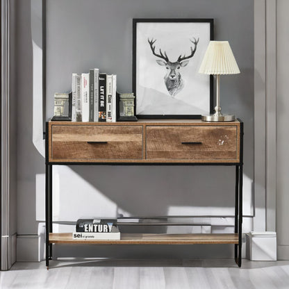 Industrial Console Table With 2 Drawers & Storage Shelf