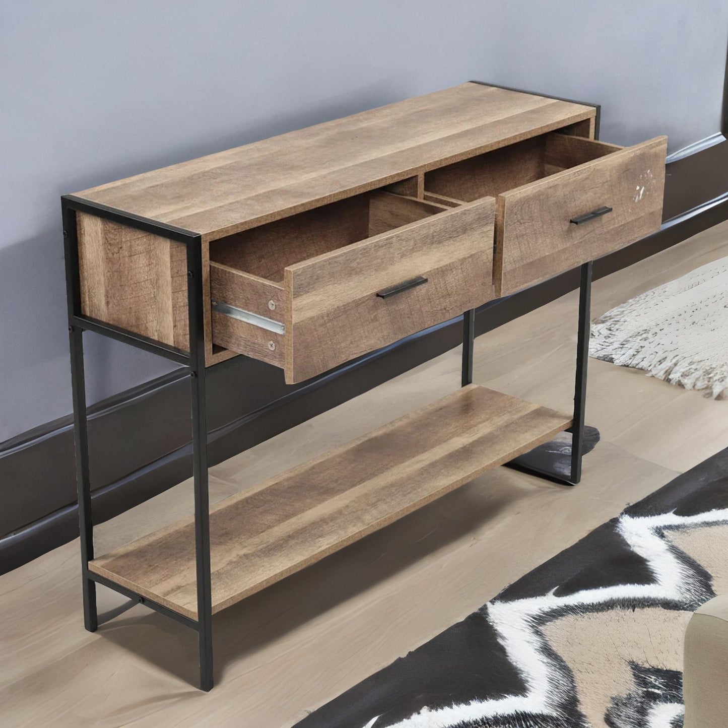 industrial console table with 2 drawers & storage shelf