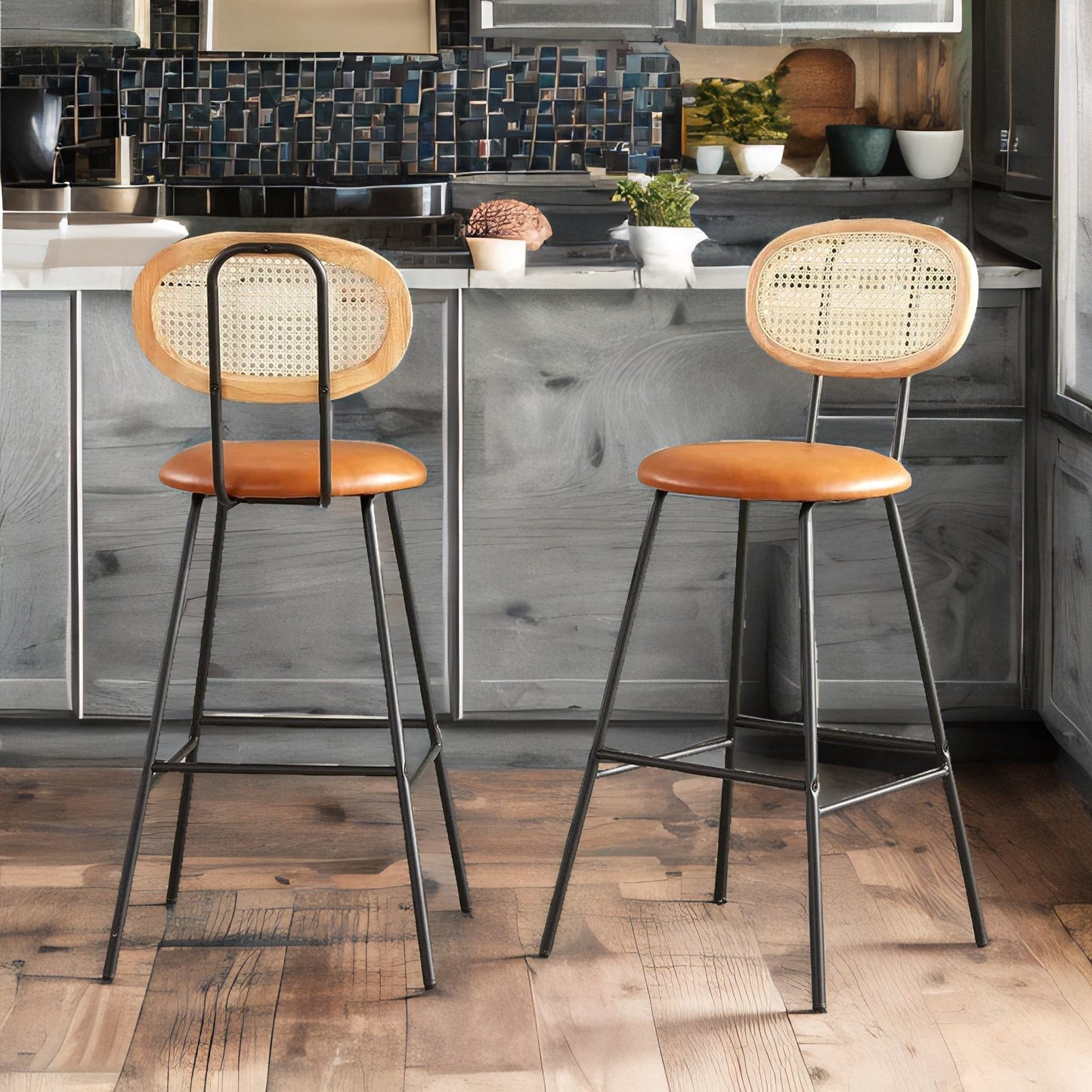 set of 2 faux leather bar stools with rattan back brown