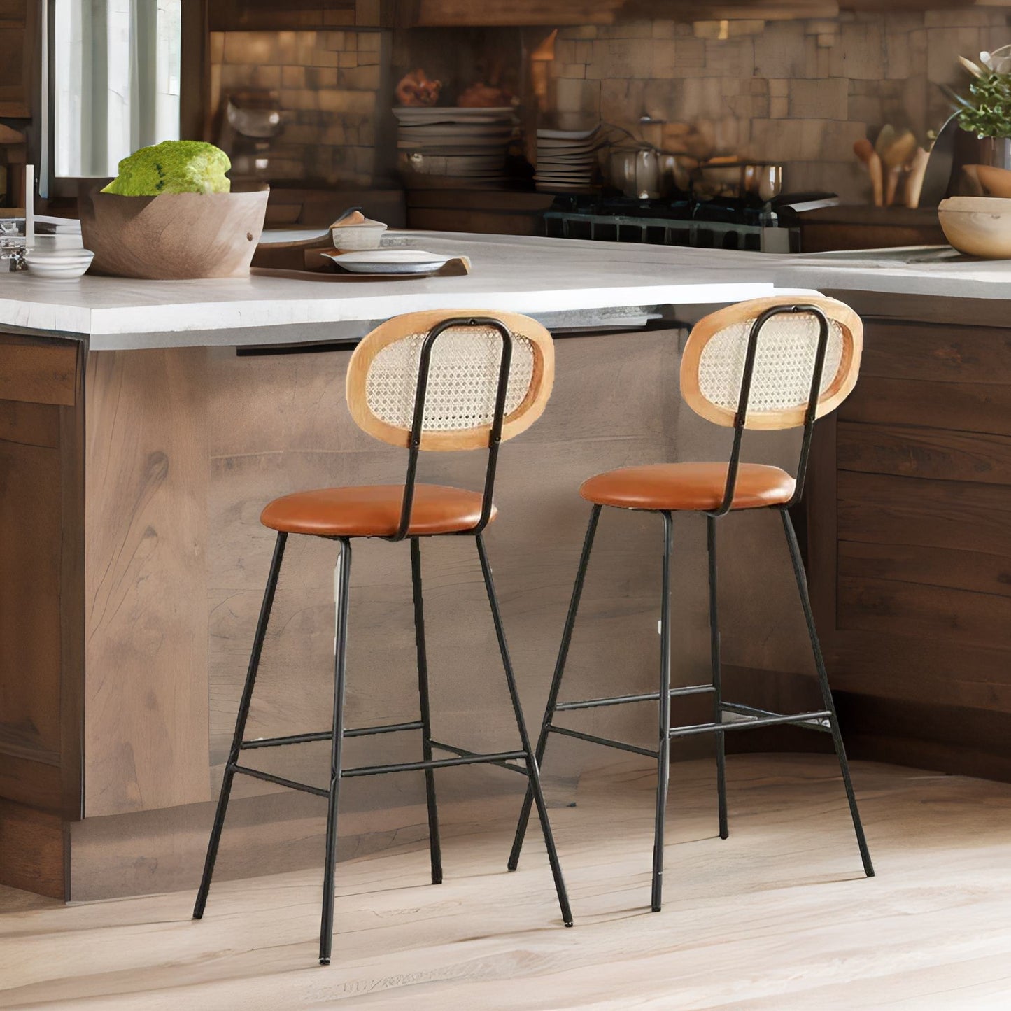 set of 2 faux leather bar stools with rattan back brown