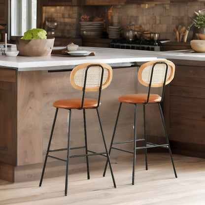 Set Of 2 Faux Leather Bar Stools With Rattan Back Brown