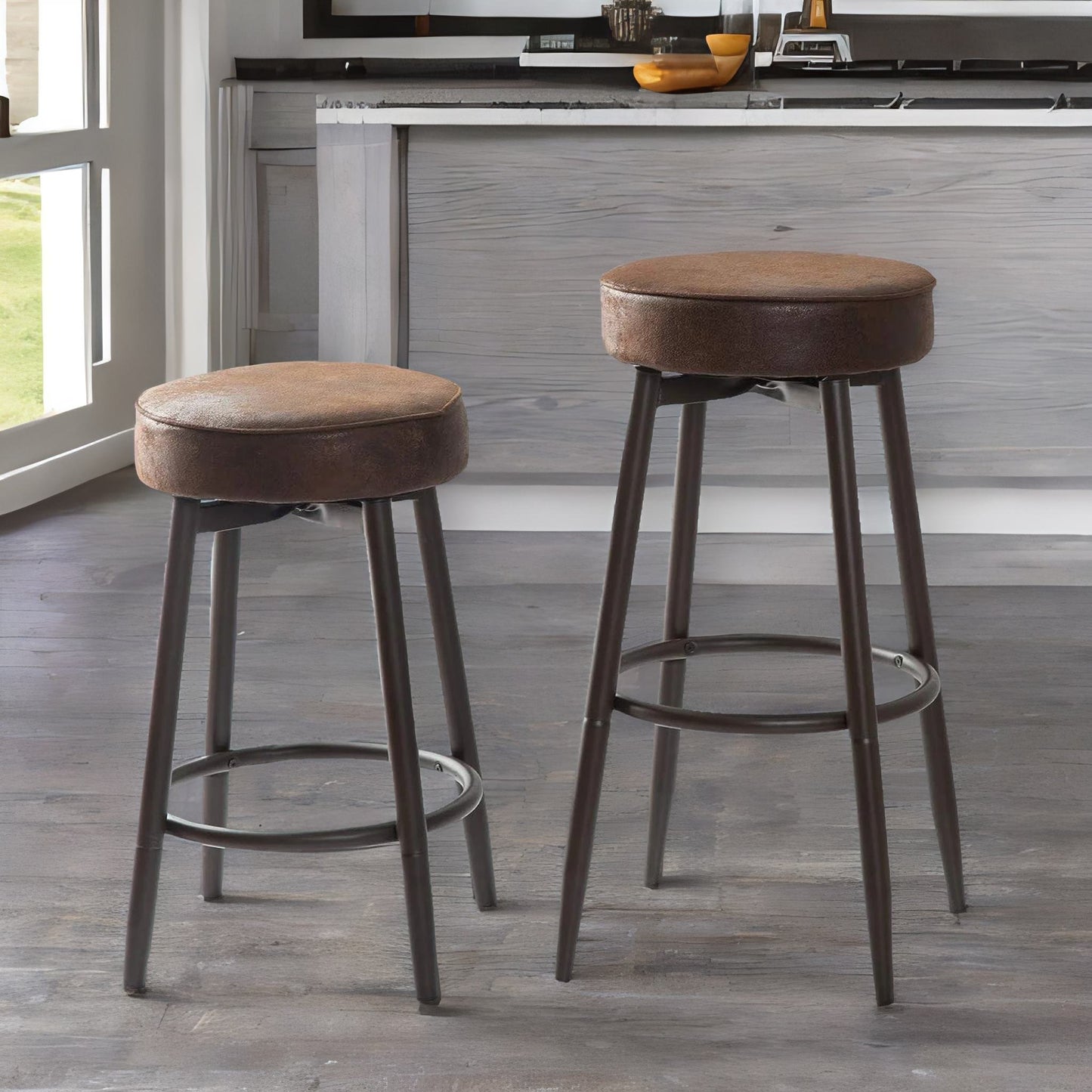 set of 2 adjustable swivel brown stools